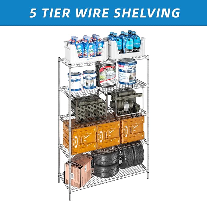 5-Shelf Adjustable Metal Shelf Wire Shelving Unit Heavy Duty Storage Rack Display Shelf for Office,Kitchen,Bedroom,Bathroom,Laundry,Pantry Basement,Garage(Chrome,48" L x 18" W x 72" H)