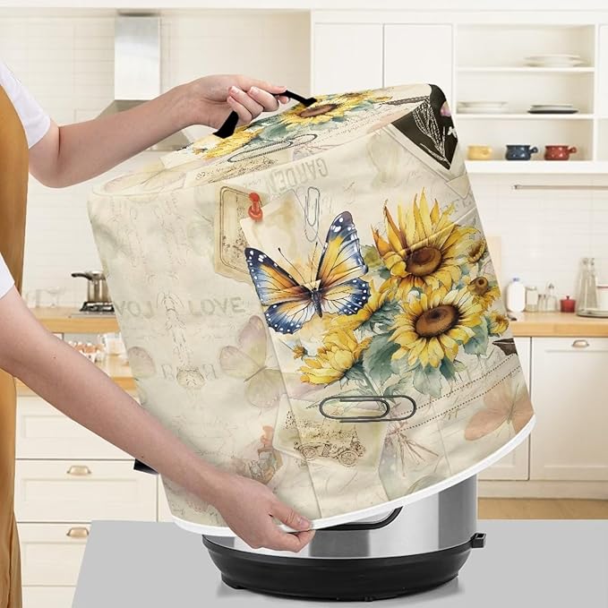 Insulated Pressure Cooker Appliance Cover, Also Fit for Rice Cooker, Air Fryer and Crock Pot, 3 Qt Dust Cover with Pocket for Spoon/Cooking Utensils/Recipes, Butterfly Sunflower Retro