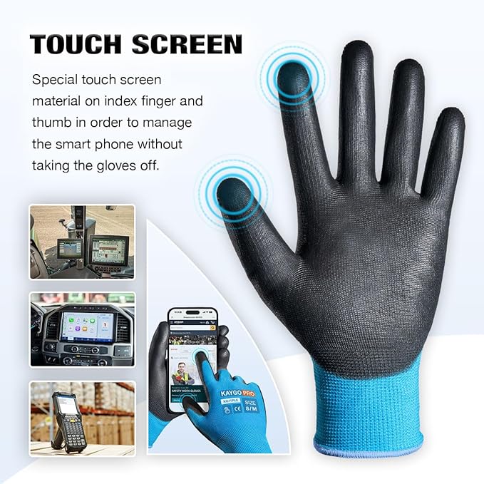 KAYGO Safety Work Gloves PU Coated for Men and Women- KG11P,12 Pairs,Seamless Knit Glove with Two Fingers Touchscreen,Ideal for General Duty Work (Blue,L)