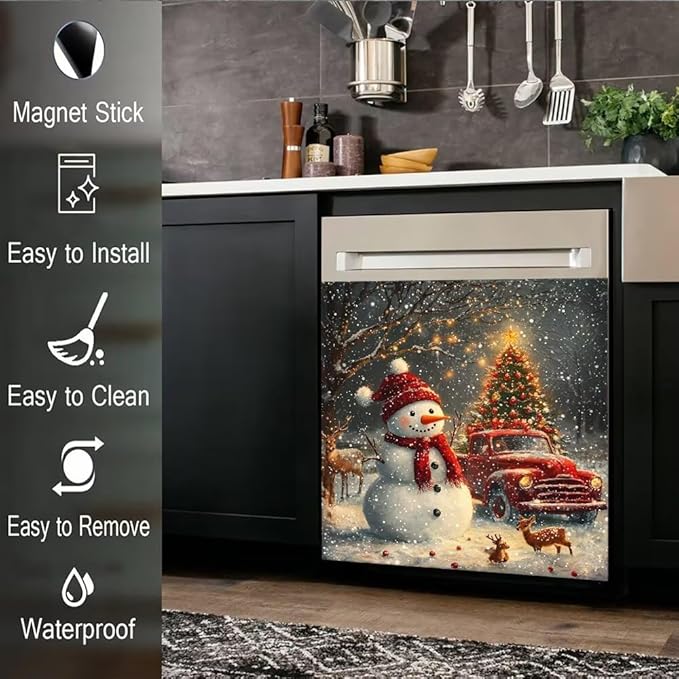 Christmas Snowman Dishwasher Magnet Cover, Winter Deer Dishwasher Cover Panel Decal for Front, Red Truck Magnetic Refrigerator Magnets Holiday Decor Kitchen Appliance Sticker, 26"x17"