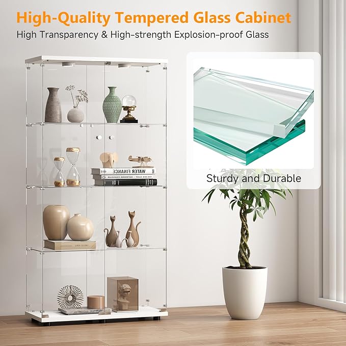 Tempered Glass Display Cabinet with Lights, 4-Tier Curio Cabinet with Glass Doors and Lock, Glass Display Case for Collectibles, for Living Room, Bedroom, Office, Double Door, White