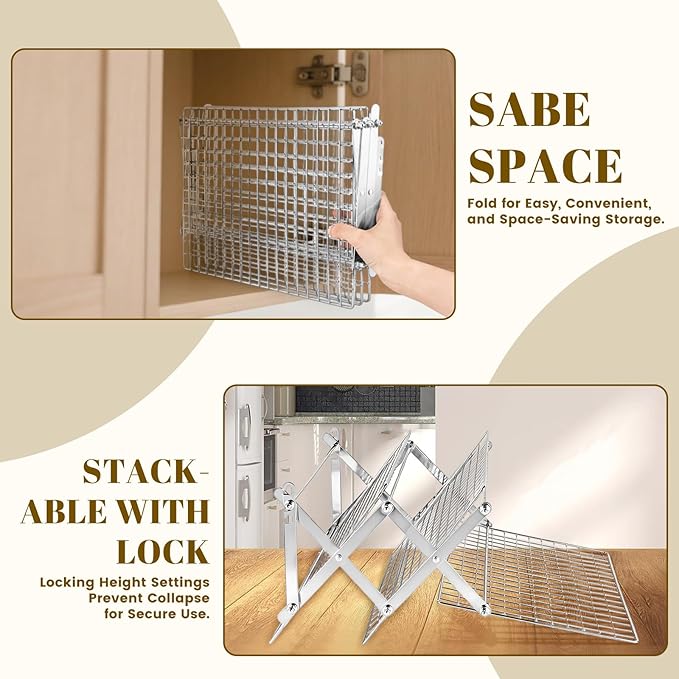 BEWOS 3 Tier Collapsible Cooling Rack - Adjustable Stainless Steel Baking Rack with Mesh Leak Proof，Foldable X-Shaped Structure Cooling Racks for Cooking and Baking, Dishwasher Safe