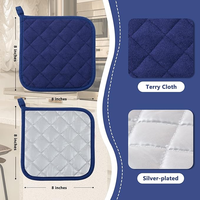 Joyhalo 6 Pack Pot Holders for Kitchen,Cotton Oven Holder with Great Heat Resistance,Non Slip Hot Pads for Kitchen Clearance,Dark Blue