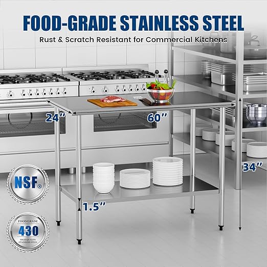 Stainless Steel Table 24 x 60 Inches Metal Food Prep Worktable with Adjustable Undershelf for Kitchen, Outdoor, Restaurant, Bar & Garage