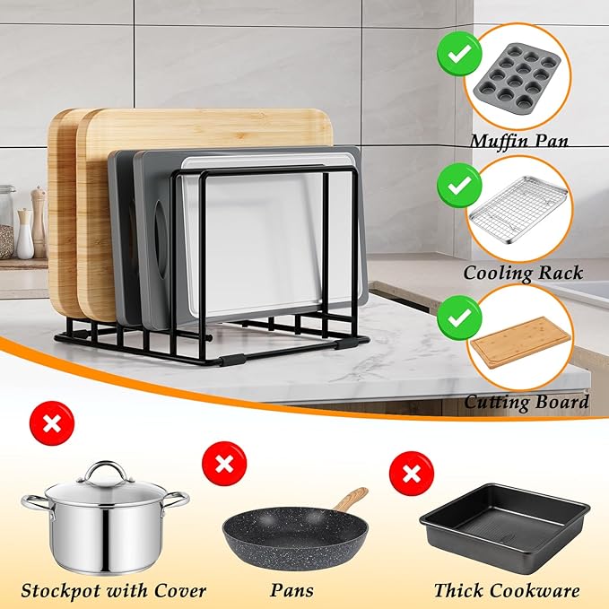 Baking Sheet Organizer Rack – 5-Slot Bakeware & Cookie Tray Holder for Kitchen Cabinet or Countertop, Stainless Steel Cutting Board Rack with Rust-Resistant Frame & Anti-Slip Feet