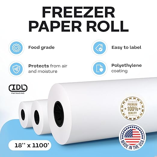 IDL Packaging Freezer Paper 18" x 13200" (1100 feet) - USA-made Large White Freezer Paper Roll for Freezing Food - Plastic Coated Freezer Material for Maximum Safe Protection by IDL Packaging
