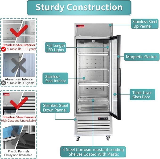WESTLAKE 27" W Commercial Display Freezer Single Glass door 23 Cu.ft Stainless Steel Merchandiser Reach-in Upriht Fan Cooling Digital Temperature Control Display Freezer for Restaurant, Bar, Shop, etc