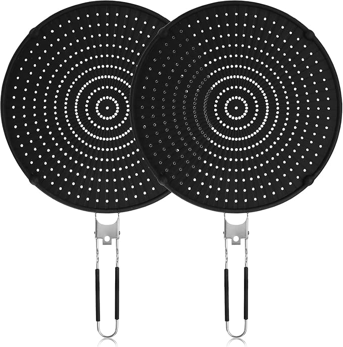 Frcctre 2 Pack Silicone Splatter Screen for Frying Pan, 13" Versatile Grease Splatter Guard with Foldable Handle, Food Grade Heat Resistant Oil Splash Guard, Cooling Mat, Drain Board for Cooking