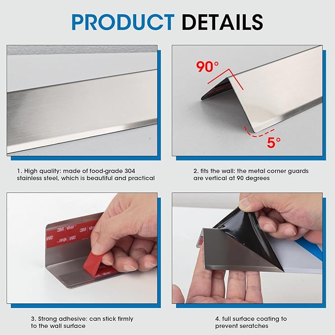 Stainless Steel Wall Corner Guards, 3 x 3 x 48 inches (10 Pcs Pack). Made of 304 Steel, These 90-Degree Angle Metal Corner Protectors are Designed for Wall Protection and Decoration