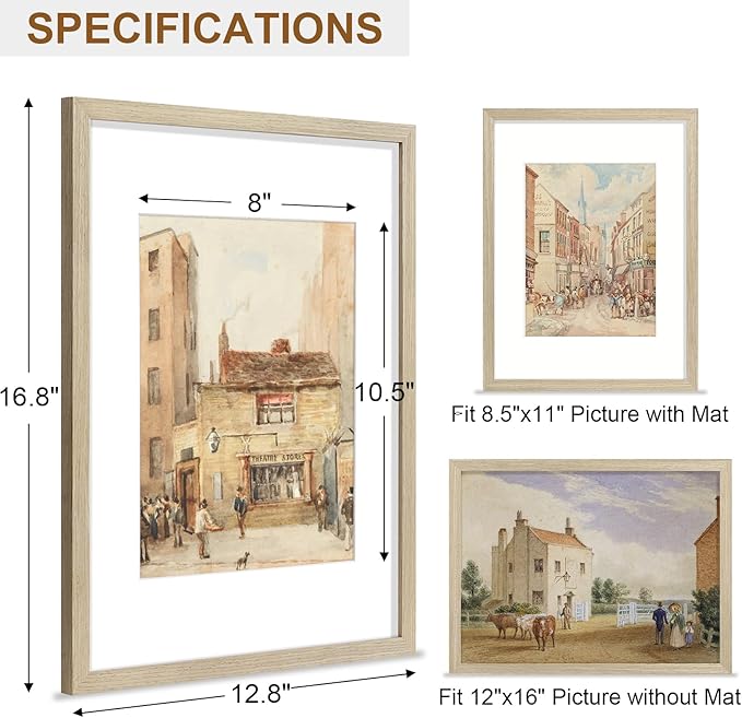 Vittanly 12x16 Picture Frame, Solid Wood Frame with Plexiglass, Includes 8.5x11 Mat, Wall Hanging for Photos, Home Decor, Light OAK, 1 Pack