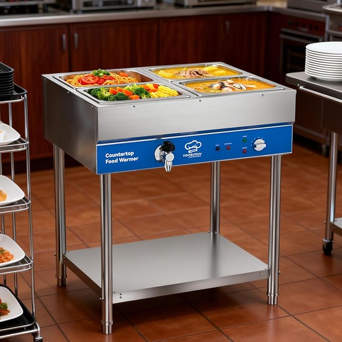4-Pan Commercial Food Warmer, Electric Steam Table, 120V 1700W Stainless Steel Buffet Catering Food Warmer with Undershelf and Workspace, for Restaurant.