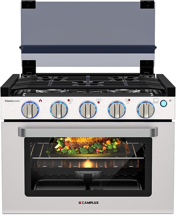 CAMPLUX Classic RV Propane Range 17 Inches, Propane Range Oven with 3 Burners Cooktop for RV, RV Propane Stove Oven Combo 28,100 BTU/Hr, Stainless Steel RGS17MSF