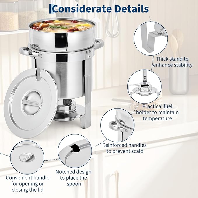 GarveeHome 11QT Soup Chafer Set of 2, Stainless Steel Round Soup Warmer with Pot, Notched Lids & Fuel Holders, Commercial Food Warmer for Buffets, Events and Party Service