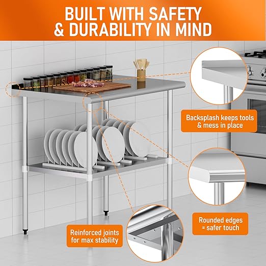 HOCCOT Stainless Steel Table 30" x 36" with Adjustable Undershelf and Backsplash, Commercial Metal Workstations for Kitchen, Garage, Outdoor BBQ