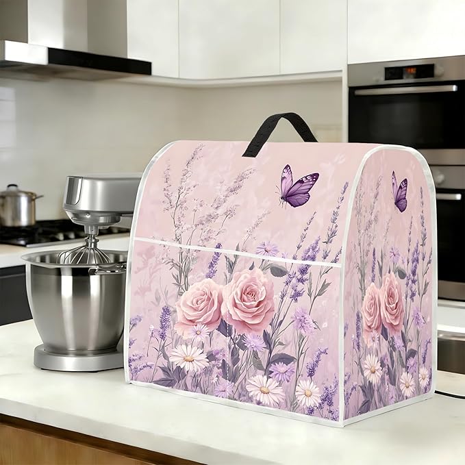 Stand mixer cover with handle and storage bag, reusable and washable, stylish retro floral design, keeps kitchen countertops clean and tidy (fits 6-8 quart mixers).
