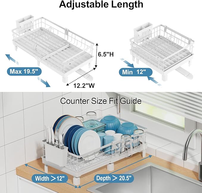 GSlife Expandable Dish Drying Rack for Kitchen Counter - Compact Rust-Resistant Dish Racks with and Cup Holder for Small Apartment, 12.2" W x 12"-19.5" L, White