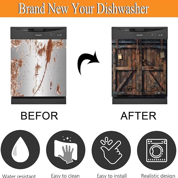 Barn Wooden Door Dishwasher Cover Panel Sticker, Vintage Wooden Door Skin Cover for Dishwasher Refrigerator Cabinets (23" x 26" Ordinary)