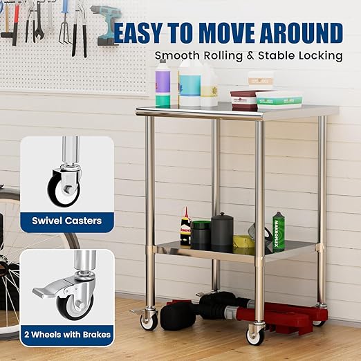 Stainless Steel Work Table with Wheels, 24x24 Inch NSF Kitchen Prep Table with Adjustable Undershelf for Commercial Restaurant, Garage, Outdoor BBQ