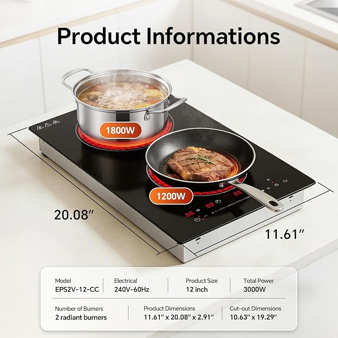 Ranein Electric Cooktop with 2 Burners, 12 inch 3000W 240V Ceramic Panel Electric Cooktop, Multiple Safety Protections Stove, Touch Screen