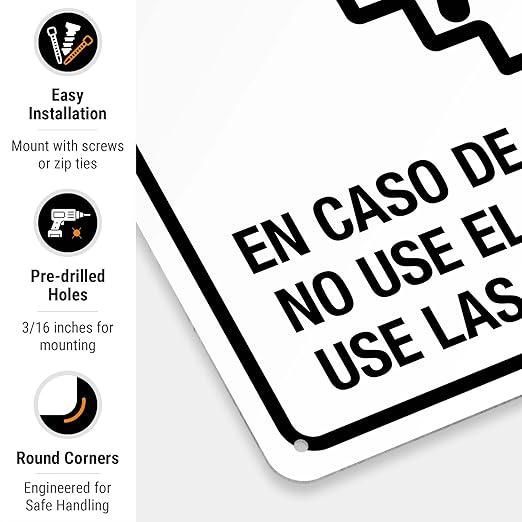 in Case of Fire Do Not Use Elevator Use The Stairs Bilingual Sign, Fire Safety Sign, 10x14 Inches, 55 mil Thick HDPE (high Density polyethylene), Made in USA