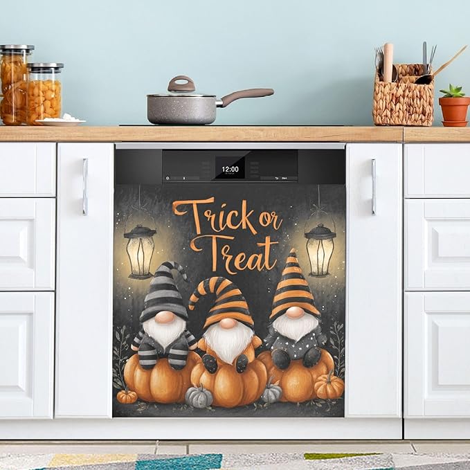 Halloween Gnomes Pumpkins Dark Dishwasher Magnet Cover Front Door Magnetic Dishwasher Cover Decorative Refrigerator Magnet Covers Fridge Panel Decal for Kitchen Decor, 23" x 26"