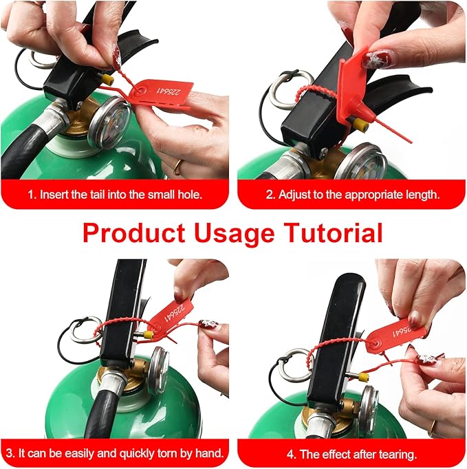 100 PCS Plastic Tamper Seals Pull Tight Security Seals Tags Breakaway Seals Numbered Zip Ties Disposable Self-Locking Ties for Fire Extinguisher, Tear Off Type, 210mm Length