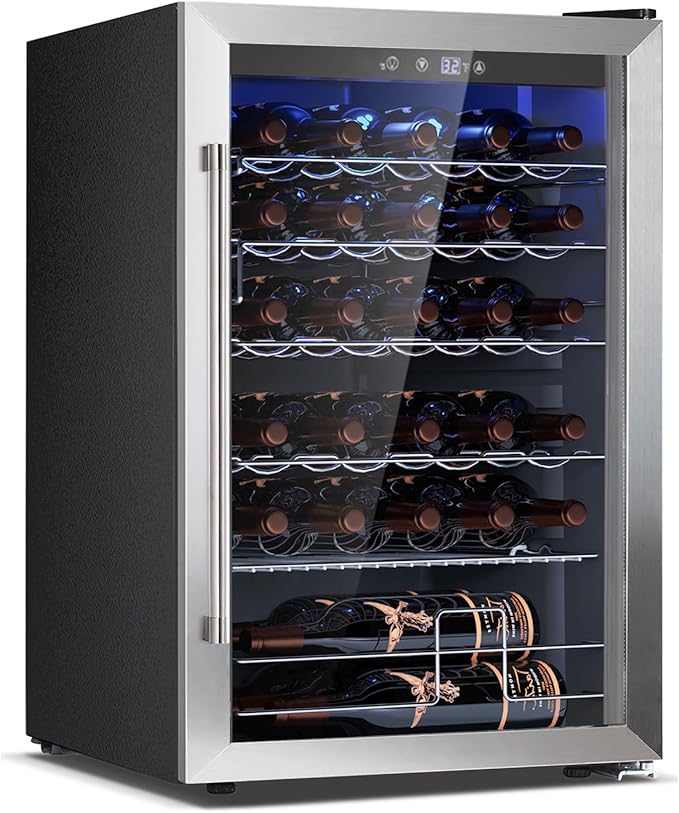 COWSAR 37 Bottle Wine Fridge, 4.45 Cu.Ft Freestanding Commercial Beverage Refrigerator with Reversible Double Pane Glass Door & Adjustable Wavy Wire Shelves, Wine Cooler for Kitchen Bar, Silver