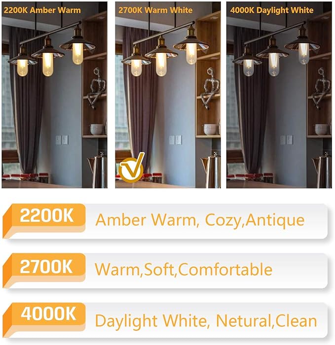 T10 Edison LED Tube Bulbs - Warm White, 2700K, Dimmable - Vintage Style, 4W Equivalent to 40W Incandescent, E26 Base, 3 Pack for Pendant Lights & Desk Lamps