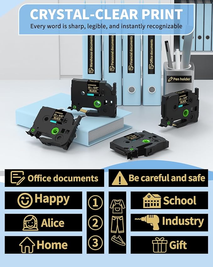 Replacement for Brother P Touch Label Tape Gold on Black TZe-334 TZe334 TZe TZ Tape 12mm 0.47 Laminated, Compatible with PT-D210 PT-D220 PT-H110 PT-D400 PT-D410 PT-D600, 1/2 in x 26.2 ft, 4-Pack