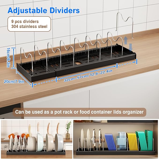 Pots and Pans Organizer Under Cabinet, 22" Expandable Food Storage Container Lid Organizers with 9 Adjustable Dividers Pot and Pan Lid Holders Rack Inside Cabinet/Countertop(1 Pack, Black)