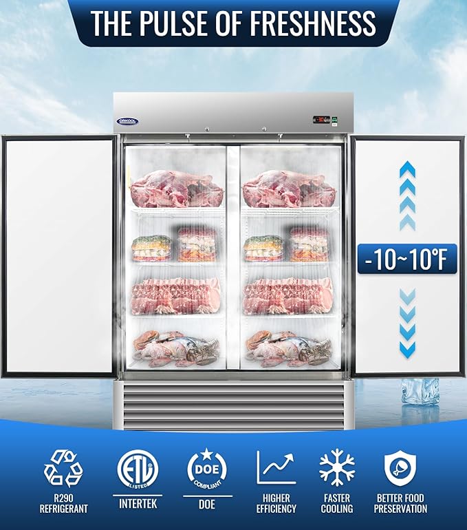 54" W Commercial Freezer, ETL Certified 49.6 Cu.ft Stainless Steel Reach-in Upright Freezer,Auto Defrost,Digital Temperature Control (-10°F to 10°F) Used to Restaurant,Bar,Shop