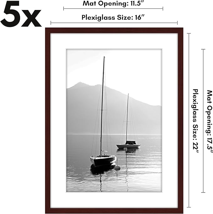 Americanflat 16x22 Picture Frame with Polished Plexiglass - Set of 5 - Use as 12x18 Frame with Mat or Display 16x22 Photo Without Mat - Galleria Collection - Picture Frames for Wall Display - Mahogany