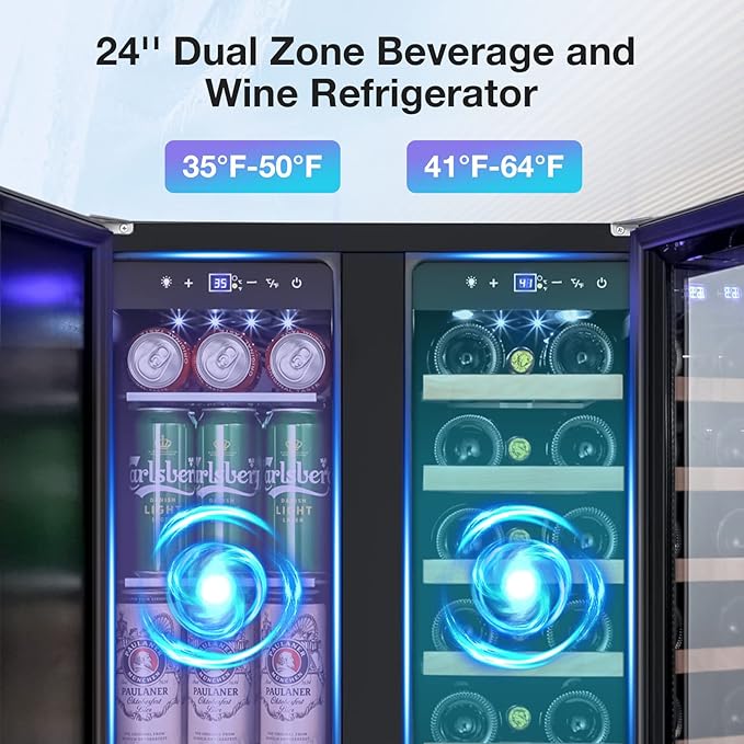 Tylza Wine and Beverage Refrigerator, 24 Inch Dual Zone Wine Beverage Cooler, Holds 20 Bottles and 88 Cans, Built-In and Freestanding, Seamless Glass Door, Under Counter Beer Wine Refrigerator