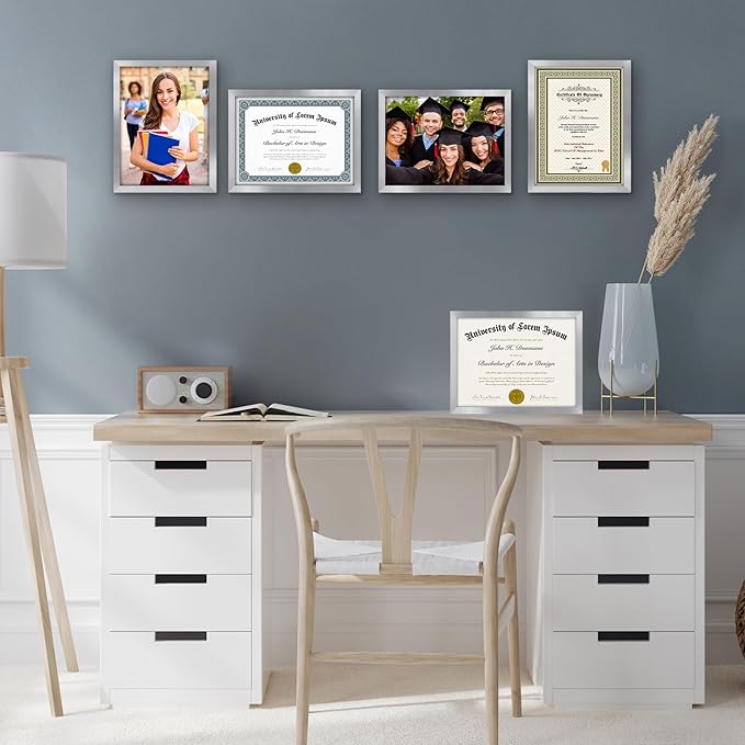 Americanflat 8.5x11 Diploma Frame with Polished Plexiglass - Set of 5 - Legacy Collection - Certificate Frame for Tabletop and Wall Display - Silver