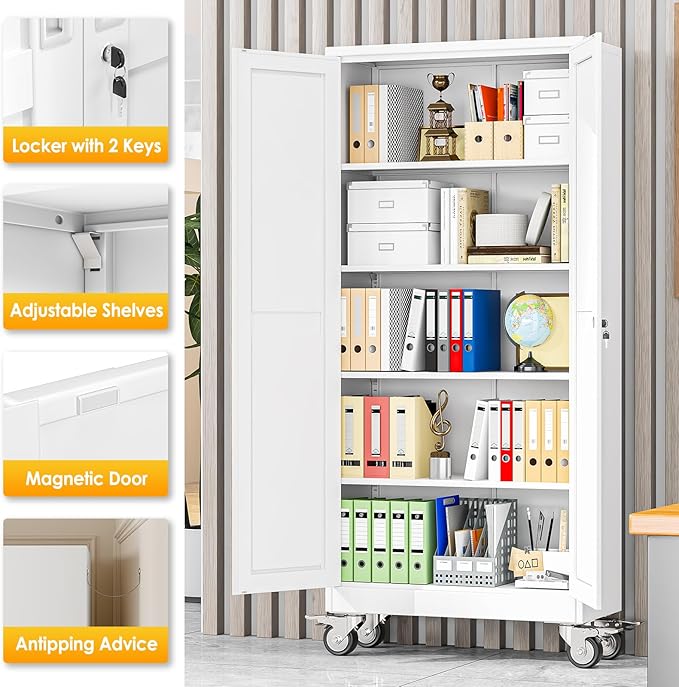 71''H Tall Metal Garage Storage Cabinet with Wheels,Steel File Cabinets with 2 Doors and 4 Adjustable Shelves for Home Office, Warehouse, Required Assembly,White