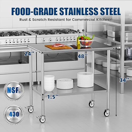 Stainless Steel Work Table with Wheels, 24x48 Inch NSF Kitchen Prep Table with Adjustable Undershelf for Commercial Restaurant, Garage, Outdoor BBQ