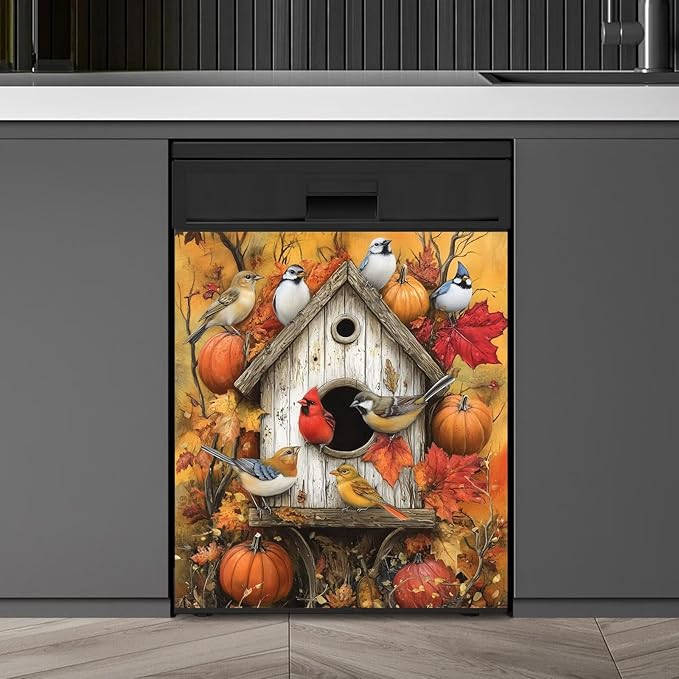 Farmhouse Fall Harvest Birdhouse Dishwasher Magnet Cover,Pastoral Pumpkins Magnetic Dishwasher Cover Vinyl Sticker,Fridge Door Cover Magnets Art Skin Panel Decal,Home Decor Decal,23"X26"
