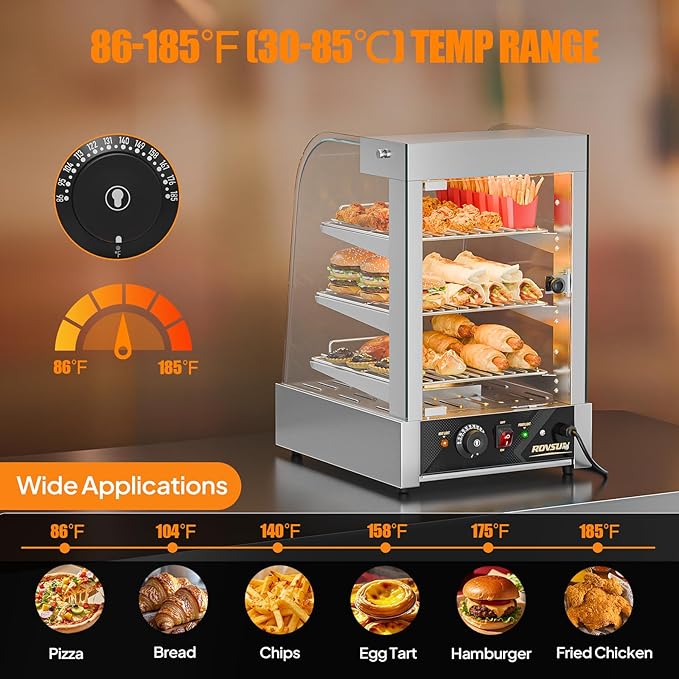 ROVSUN 15" Commercial Food Warmer Display Pizza Warmer, 3-Tier Electric Countertop Food Warmer w/LED Lighting Adjustable Removable Shelves Glass Door, Pretzel Warmer for Buffet Restaurant, Silver