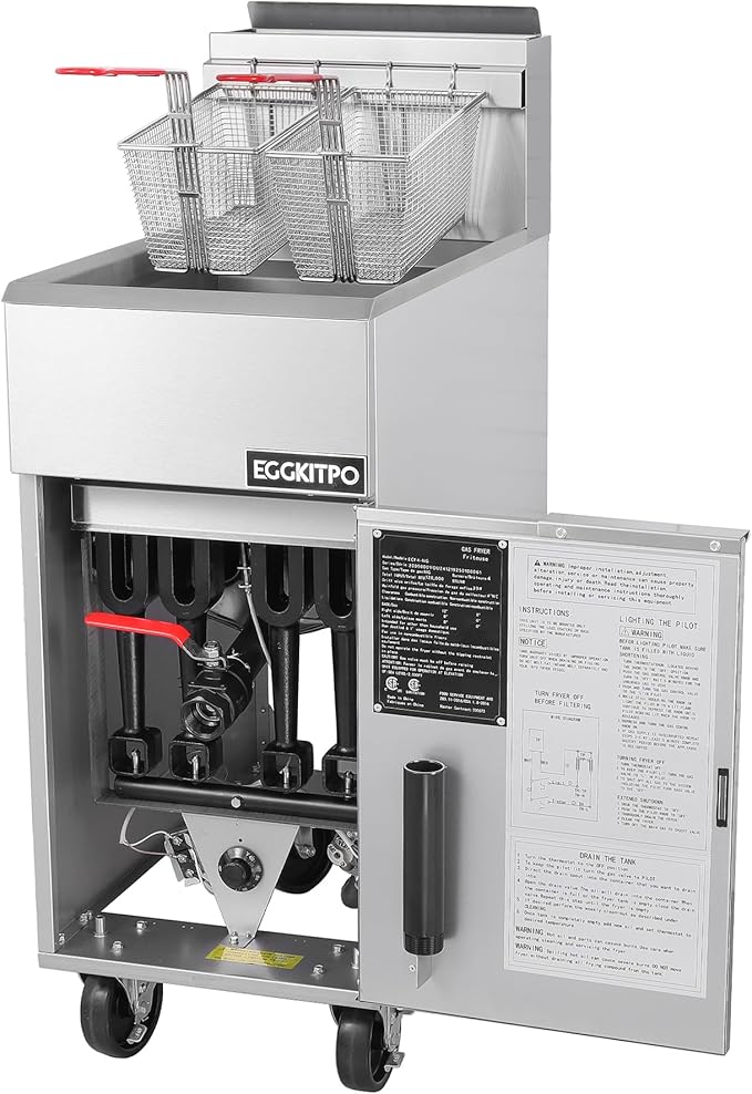 EGGKITPO 50lb. Commercial Gas Deep Fryer 4 Tubes Liquid Propane Gas Fryer CSA Certified Adjustable Thermostat 200℉-400℉ Floor Standing Fryer with 2 Baskets for Restaurant and Kitchen 120,000 BTU/h