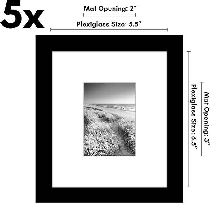 Americanflat 5.5x6.5 Picture Frame with Plexiglass - Set of 5 - Use as 2.5x3.5 Frame with Mat or Display 5.5x6.5 Photo Without Mat - Galleria Collection - Picture Frames for Tabletop or Wall - Black