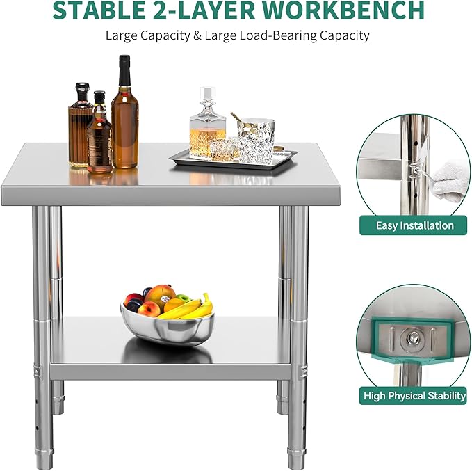 YITAHOME NSF Stainless Steel Table, 30" X 24" Work Table, 2 Shelves Metal Prep Worktable for Home Kitchen Restaurant Garage Warehouse Outdoor