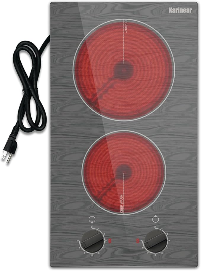 Karinear Electric Cooktop 2 Burners, 110v Portable Electri Stove Top with Knob, Glass Cooktop, Beautiful Woodgrain Pattern, Built-in and Countertop Electric Ceramic Cooktops, 12 Inch, 110v Outlet Plug