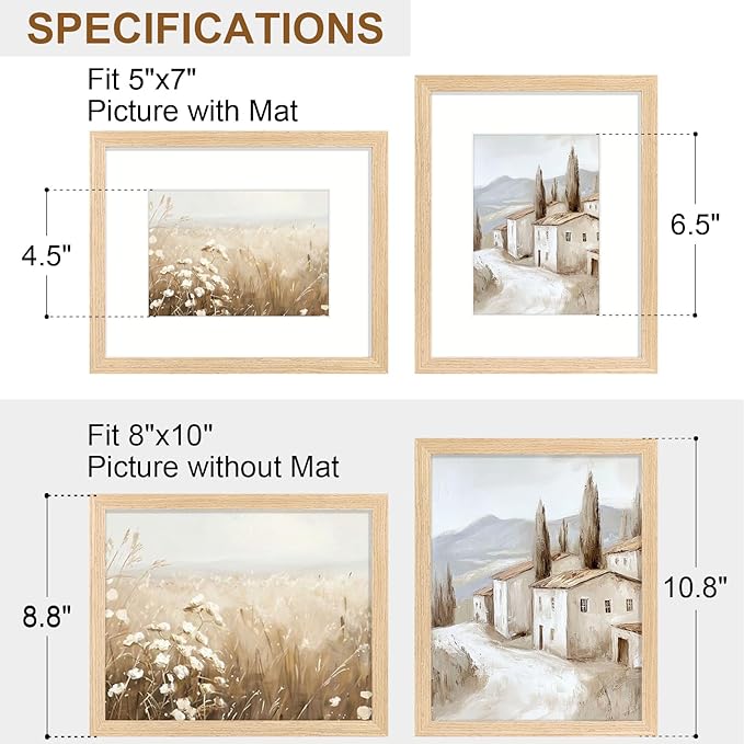 Vittanly 8x10 Picture Frame Set of 2, Solid Wood Frame for Wall or Tabletop, Display Photo 5x7 with Mat or 8x10 without Mat, Natural