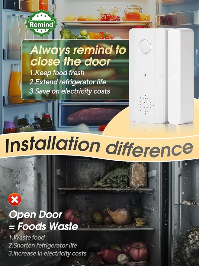Freezer Door Alarm with Adjustable Voice Reminders (60s/30s/10s/0s Delay) for Open Freezer or Refrigerator Doors