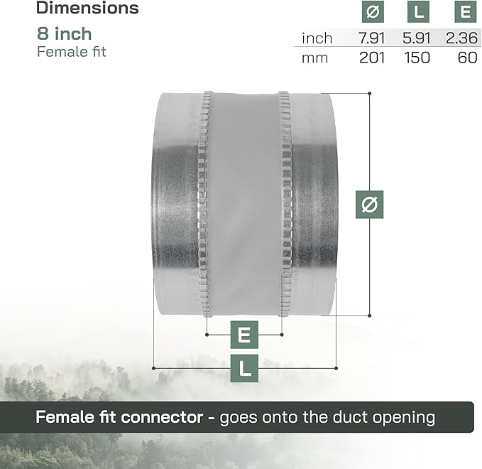 Vent Systems 8" Inch Flexible Vibration-Reducing Female Fit Duct Connector – Galvanized Steel Coupling for Joining Two Male Duct Fittings – HVAC Ventilation Inline Noise-Reducing Coupler