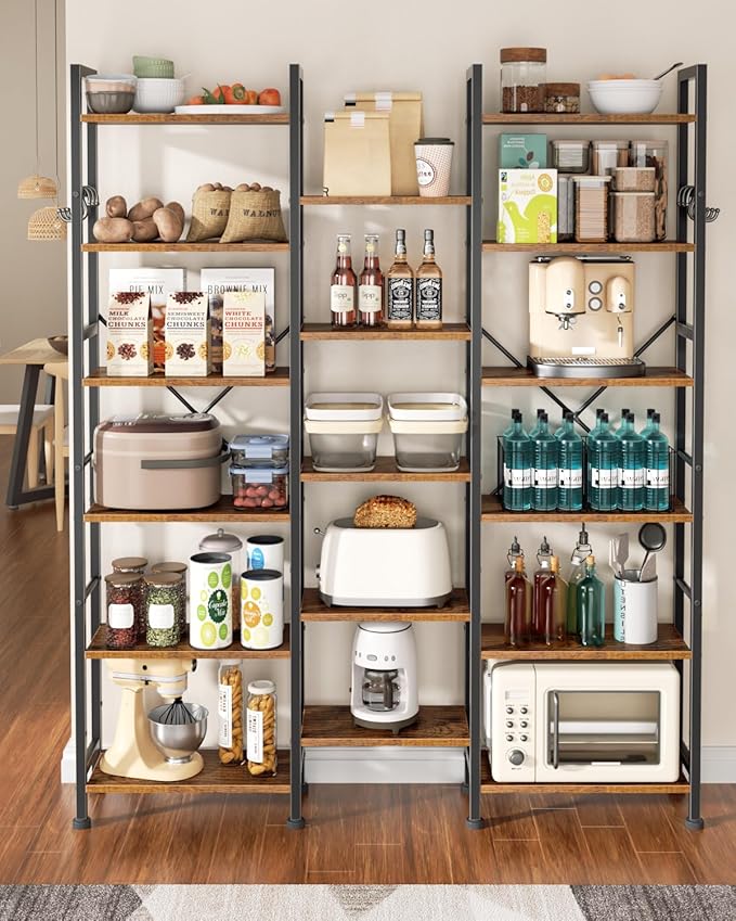Furologee Triple 6 Tier Bookshelf, Bookcase with 17 Open Display Shelves, Wood and Metal Shelf Storage Organizer,Industrial Wide Shelving Unit for Living Room,Home Office,Rustic Brown