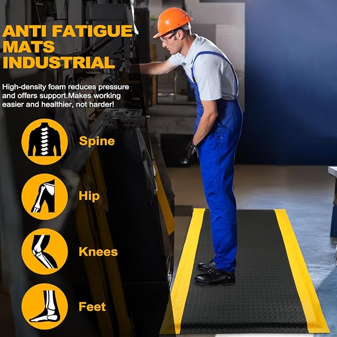 3 FT x 5 FT Anti Fatigue Mat, 15/16 Inch Thick Soft Sponge Ergonomic Mat, Non-Slip Industrial Grade Floor Mat, Easy to Clean, for Kitchen, Garage, Work, Shop, Black with Yellow Border