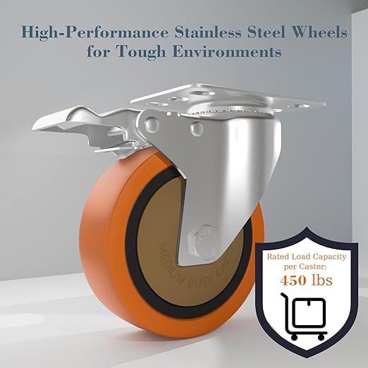 4 Inch 304 Stainless Steel Swivel Caster with Brake, Set of 2, Heavy Duty Industrial & Commercial Anti-Corrosion Casters for Hospital, Lab Equipment, Food Service, Furniture