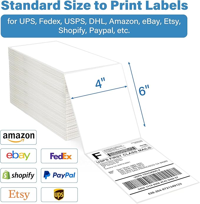 LotFancy 4x6 Thermal Labels, 2000 Shipping Labels, Perforated, White Postage Mailing Labels Compatible with Zebra, Rollo, Elton Thermal Printer, Permanent Adhesive
