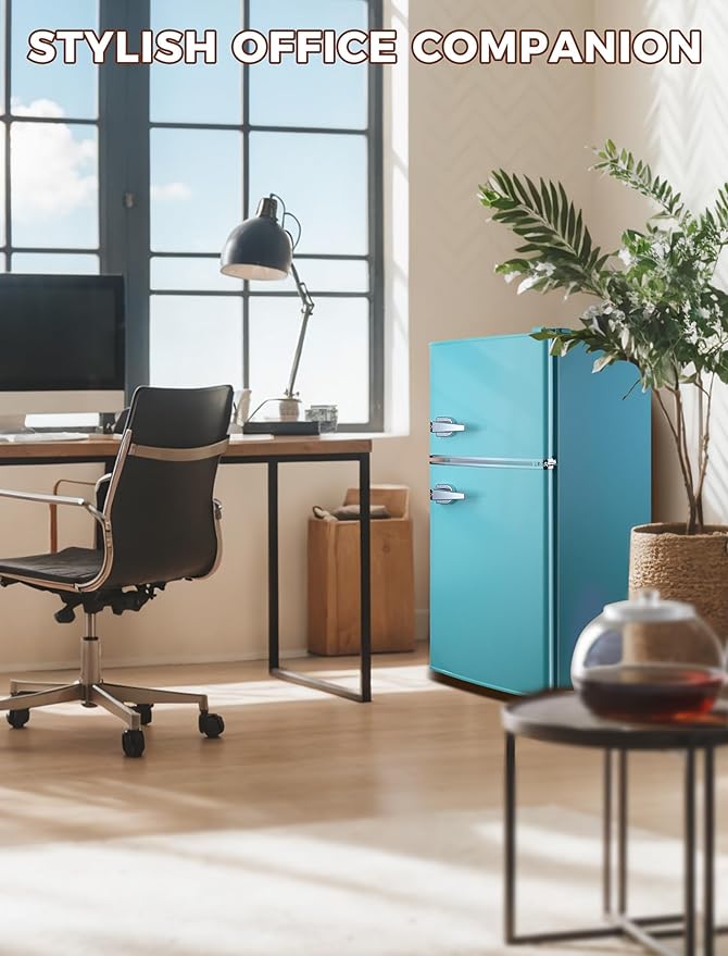 3.2 Cu.Ft Fridge with Freezer with 2 Doors, Refrigerator with 7 Level Temperatures, LED Light, Adjustable Shelves, Food Storage Cooling Drink for Bedroom, Office, Dorm, Apartment, Blue